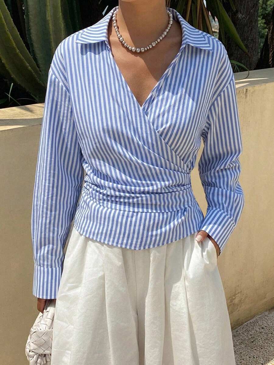 DAZY 女款純色寬鬆不對稱領口綁帶長袖休閒度假夏季襯衫,適合學校 Y2K 風格 - 藍色 - 查看 1