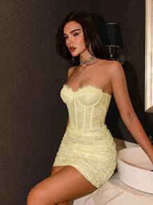 SHEIN Glamour 女款優雅性感純色蕾絲抹胸迷你洋裝 - 淡黃色 - 查看 4