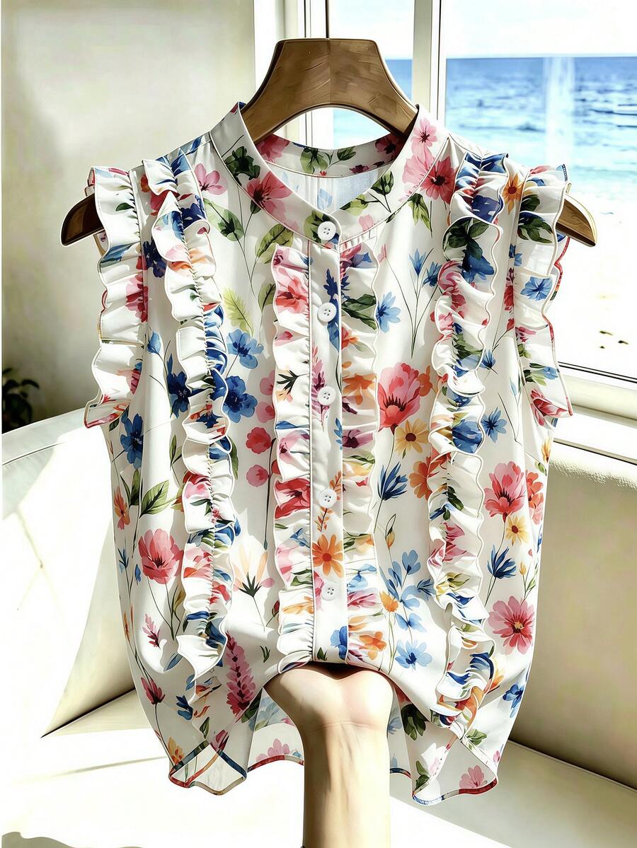 Franclia 女款花卉印花單排扣荷葉邊度假襯衫 - 杏色 - 查看 1