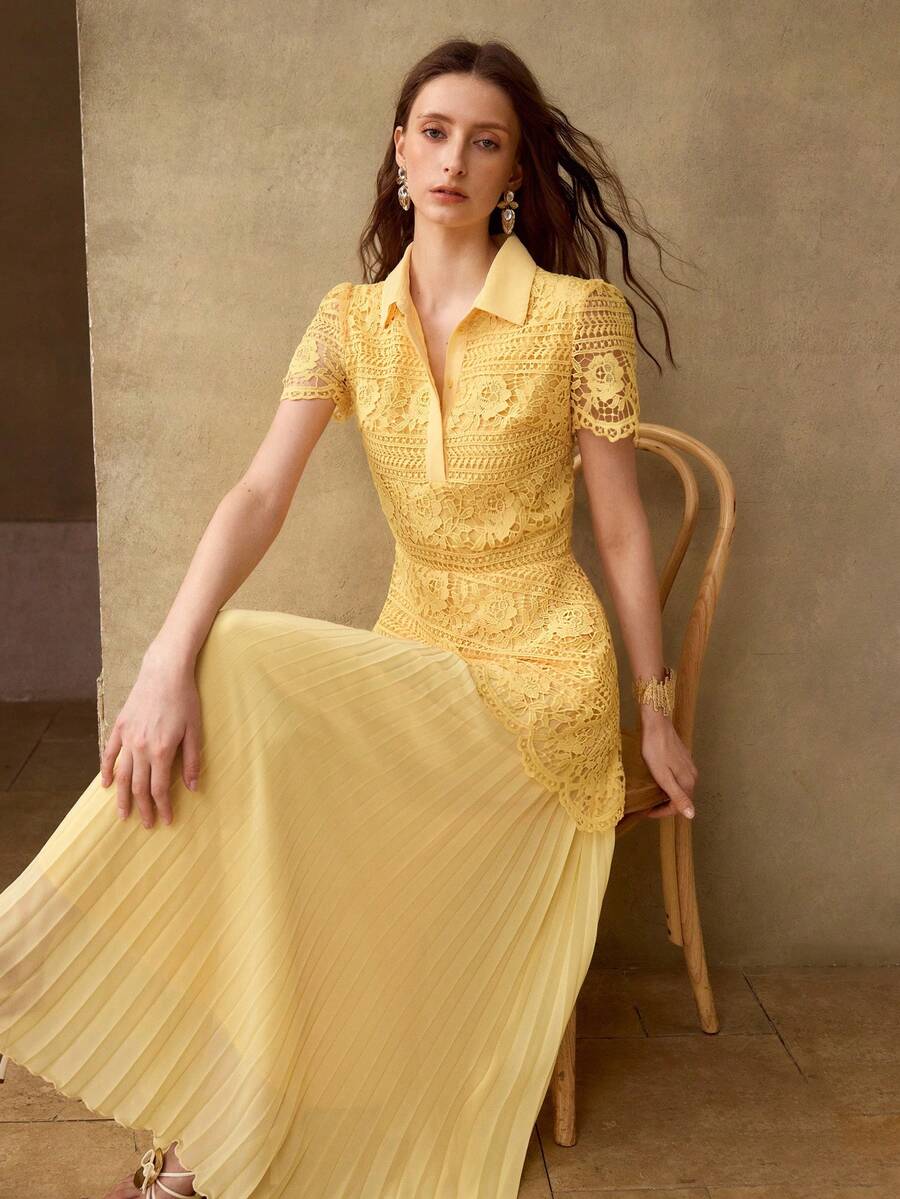 MOTF PREMIUM WOMEN'S AUTUMN/WINTER LACE EMBROIDERED HEM CHIFFON PLEATED PATCHWORK WAIST-CINCHING DRESS