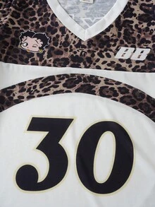 Betty Boop x SHEIN Men's Summer Casual Leopard Print Patchwork T-Shirt - White - View 5