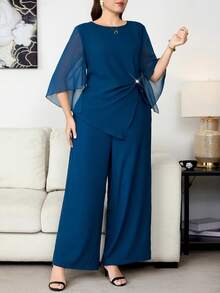 Reflora Conjunto de top y pantalones de unicolor elegante para ir al trabajo en talla grande - Azul - Ver 3