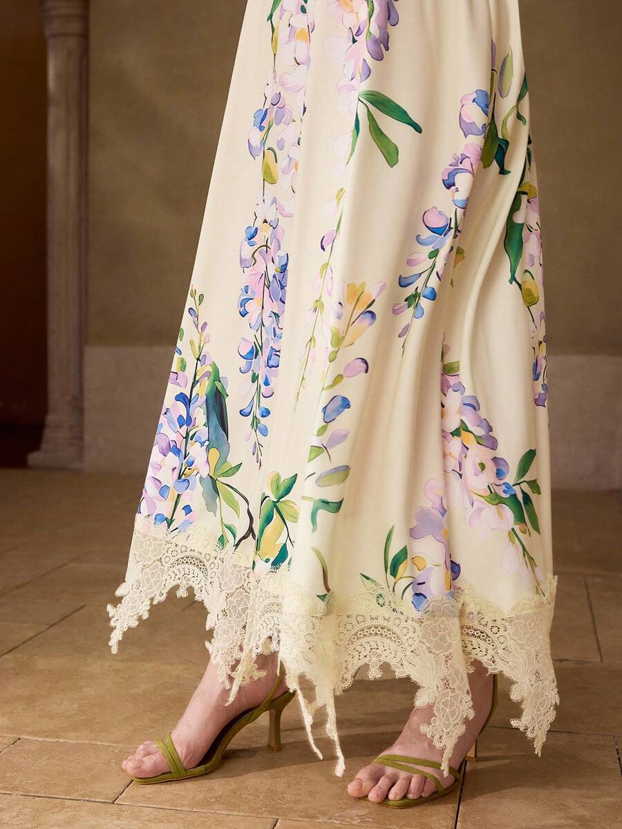 MOTF PREMIUM VESTIDO CON CUELLO EN V ESTAMPADO FLORAL Y ENCAJE EN CONTRASTE - Albaricoque - Ver 1