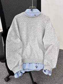 青少年女孩套頭半拉鍊二合一衛衣，拼接梭織水印條紋襯衫領，休閒百搭，適合日常穿著、通勤與度假，春秋款 - 淺灰色 - 查看 2