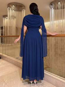 SHEIN Lady CURVE Plus Size Elegant Party Solid Color Ruched Dress Summer - Blue - View 2