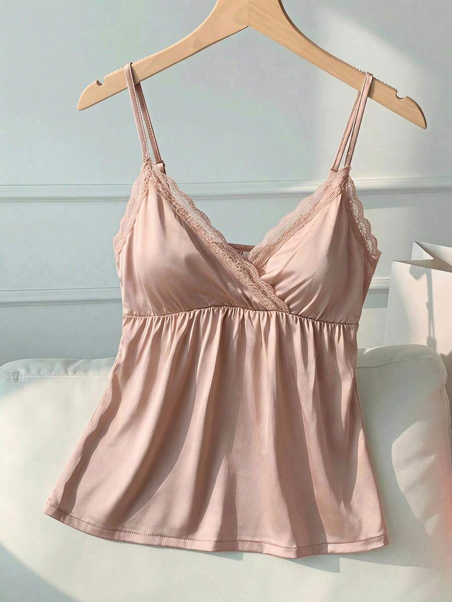 Comfortcana Kamisol Musim Panas Ukuran Besar Elegan Warna Polos dengan Hiasan Renda - Aprikot - View 1