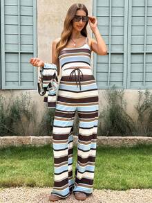 Lyckli Maternity Brown Contrast Color Casual Soft Form Camisole Top Tie-Waist Adjustable Pants Long Sleeve Button-Up Cardigan 3 Pieces Set Autumn - Multicolor - View 2