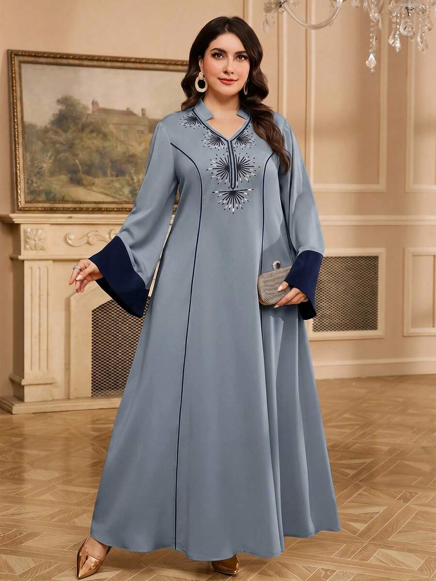 Al Najma 大尺碼女款印花條紋拼接時尚度假風阿拉伯長裙 - 藍色 - 查看 1