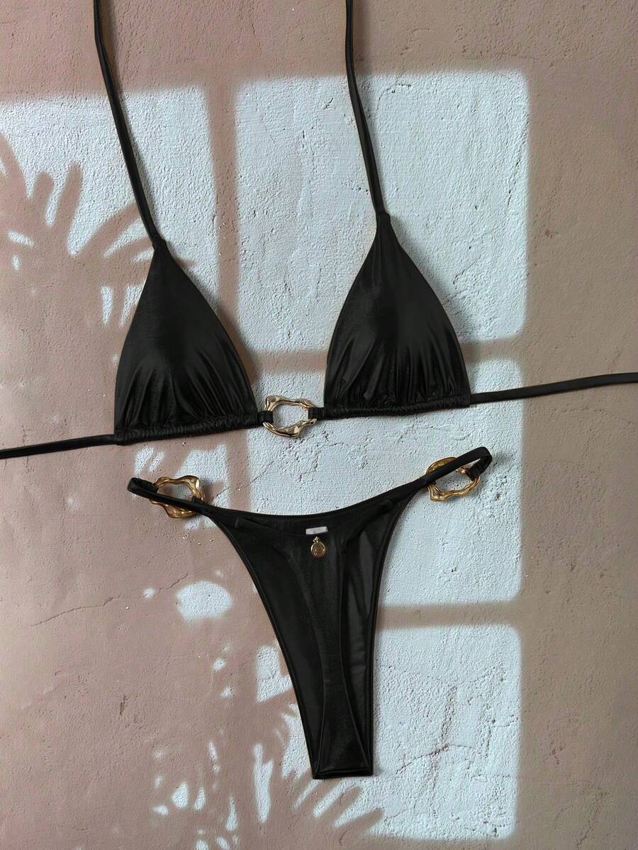 Swim Vcay 女款新款時尚掛脖細肩帶露背金屬飾邊性感三角比基尼套裝 - 黑色 - 查看 1