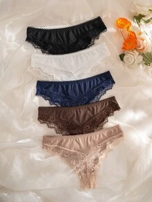 SHEIN Celana Dalam Segitiga Nyaman Motif Renda Patchwork untuk Wanita, Isi 5 Buah - MultiWarna - View 4