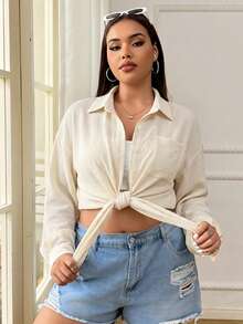 SHEIN EZwear 大尺碼女款素色單排扣休閒百搭日常出遊襯衫 - 杏色 - 查看 6