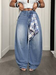 BamGleam Jean en denim bleu clair à carreaux colorés, jambes courbes, multi-poches, avec ceinture, style de rue extérieur pour vacances, printemps/été, pour femmes - Jean clair - Voir 4
