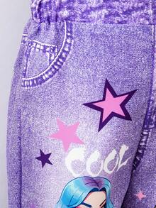 Mono de peto para niñas jóvenes con estampado de denim, detalle de cadena y estampado divertido de letras, atuendo de moda para volver a la escuela, primavera verano otoño, arcoíris púrpura - Morado - Ver 4