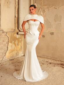 Aureia Elegant Classy Modest Glamorous White All White Satin Mermaid Wedding Formal Evening Dress Corset Sweetheart Cape Stand Collar 3D Floral Lace Fall - White - View 5