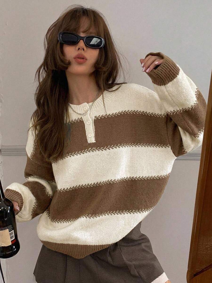 DAZY 條紋寬鬆長袖圓領女款毛衣校園風 - 棕色 - 查看 1