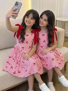Firerie Kids Firerie Kids 青少年女孩休閒舒適拼色蝴蝶結裝飾優雅時尚日常格紋無袖洋裝 - 紅色 - 查看 6
