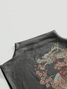 ROMWE 新款中式風格深色辣妹虎龍性感網紗上衣女款 - 黑色 - 查看 3