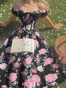 SHEIN MOD 女款露肩蕾絲飾邊復古浪漫優雅鄉村風保守花卉印花拼接洋裝，適合茶會、度假、夏季，黑色與粉色 - 彩色 - 查看 7