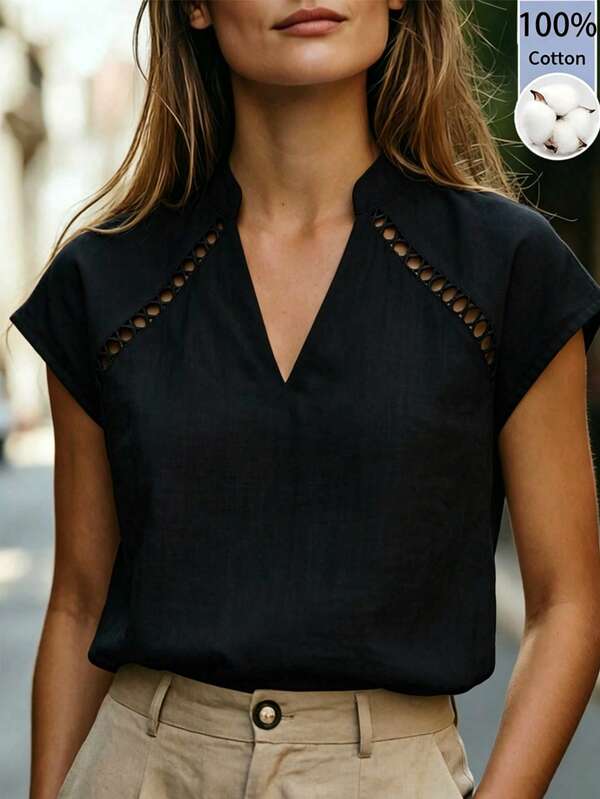 Balvessa Blusa de mujer con cuello en V, patchwork de encaje en los hombros y manga corta
