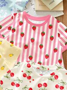 SHEIN 4pcs/Set Baby Girl Cute Fruit Print T-Shirts,Pink And White,Summer,Graduation,Short Sleeve Round Neck Tops,Casual Sweet Strawberry Lemon Cherry Tees - Multicolor - View 11