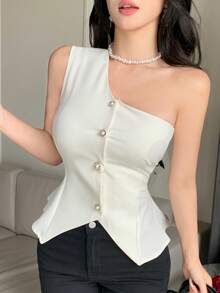 DAZY Women's Summer Autumn Asymmetric Shoulder Sleeveless Waist-Cinching Pearl Button Decor Solid Color Blouse - White - View 6