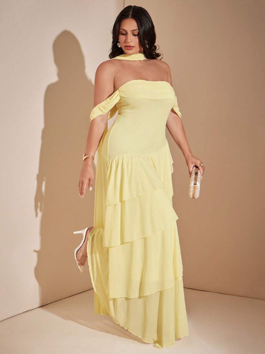 SHEIN BAE CURVE 大尺碼女款淺黃色荷葉邊浪漫長洋裝 - 黃色 - 查看 1