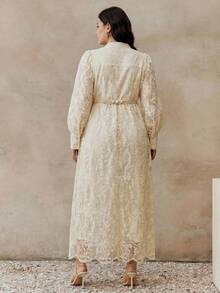 Anewsta Elegant Fashion Small Stand Collar Embroidered Lace Slim Waist Plus Size Women Dress, Spring/Summer - Apricot - View 2