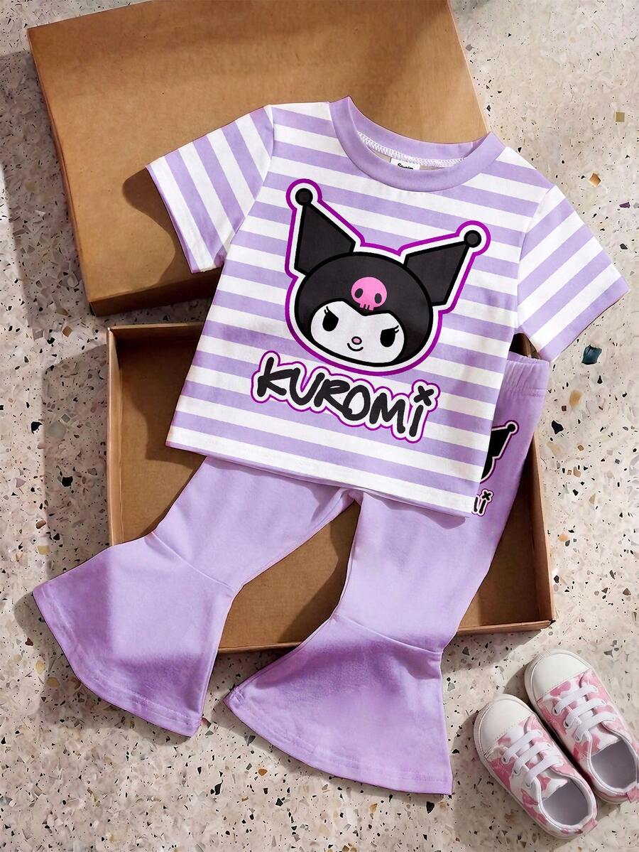 HELLO KITTY AND FRIENDS | SHEIN 女嬰夏季休閒可愛卡通印花圓領短袖T恤與喇叭褲套裝 - 彩色 - 查看 1
