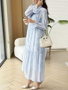 Al Najma Stand Collar Long Sleeve Embossed Jacquard Blue Color Block Dress - Blue - View 13
