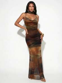 Normani Women's Pastal Draped Neck Fitted Elegant Sexy Long Dress Golf - Chocolate Brown - View 5