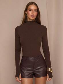 SHEIN BAE Pantalones cortos de unicolor para mujer de moda para ir al trabajo - Marrón Chocolate - Ver 4