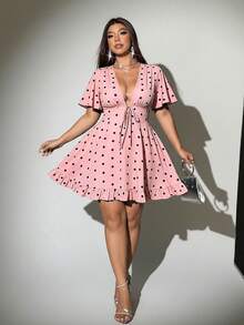 Viva Relle Plus Size Women Deep V-Neck Polka Dot Sexy Bowknot Dress - Pink - View 4