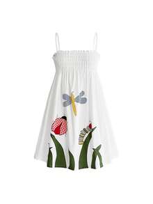 ROMWE Fairycore Women's Cute Pastoral Insect Applique Embroidered Cotton Linen Casual Holiday Spaghetti Strap Short Dress - White - View 1