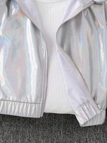 SHEIN Young Girls YoungGirl 休閒梭織純色長袖短版夾克，日常穿著 Y2K 女孩金屬感夾克，Y2K 銀色夾克返校秋季款 - 銀色 - 查看 10