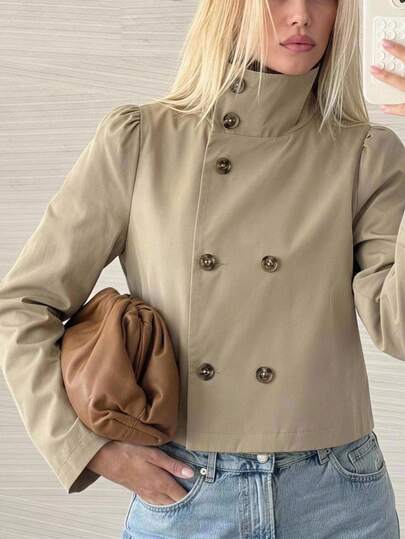 SHEIN EZwear 卡其色梭織鈕扣前開襟女士風衣