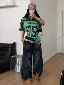 Coolane 女款春夏Y2K街頭風復古透氣網眼圖案數字印花美式足球T恤 - 綠色 - 查看 3