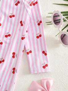 SHEIN Baby Girl Summer Vacation Striped Cherry Print Zipper Half-Open Shoulder One-Piece Swimsuit - Multicolor - View 6