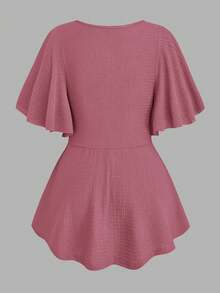EMERY ROSE Plus Size Women's Spring/Summer Chain Splice Ruffle Twist Waist Knit Solid Color Elegant Graceful A-Line V-Neck T-Shirt Top - Pink - View 2