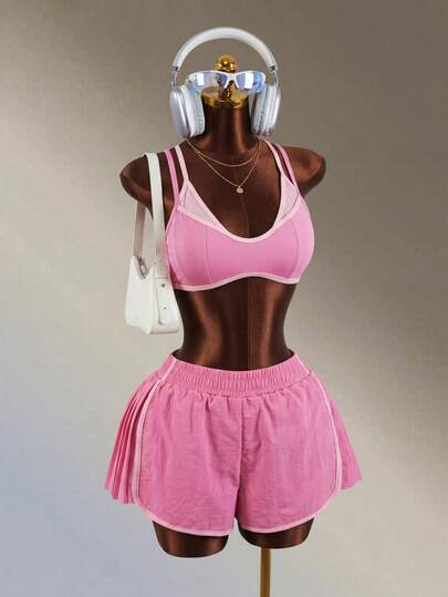 Amplova Women's Cropped 2 In 1 Tank Top And Pleated Shorts Sports Set Pink Fashion Sporty Casual Workout Summer Sexy Daily Leisure Gym Fitness Going Out