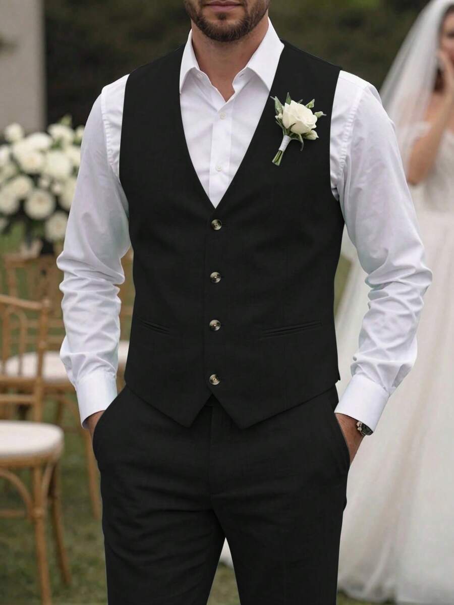Manfinity Mode 男士純色背心與長褲套裝 婚禮正裝套裝 男士正式服裝 婚禮套裝 - 黑色 - 查看 1