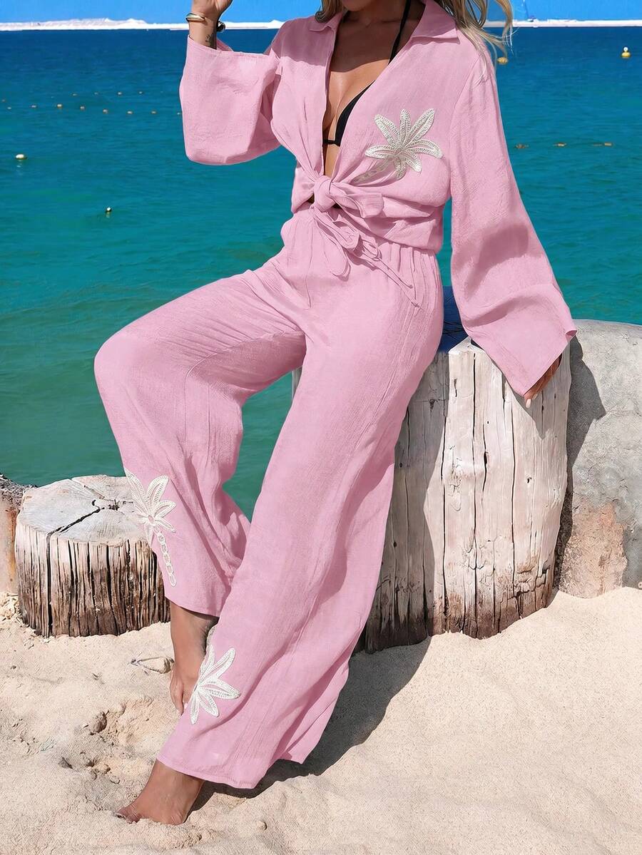 Swim Lushoire 26SS 春夏度假海灘優雅黑色刺繡寬腿褲罩衫 - 粉色 - 查看 1
