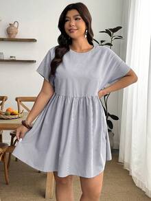 Enliva Plus Size Women's Spring/Summer Fashion Casual Soft Form Loose Comfortable Fresh Daily Versatile Slimming Navy Blue Short Sleeve Shirt Dress Vacation - Grey - View 5