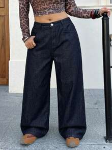 Dazy Plus Plus Size Washed Distressed Loose Wide Leg Long Denim Jeans Summer - Dark Wash - View 4