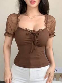 Joudiya 夏季波點透視網紗 T-shirt 棕色蕾絲上衣 婚禮派對修身顯瘦優雅短袖女款上衣 - 棕色 - 查看 6