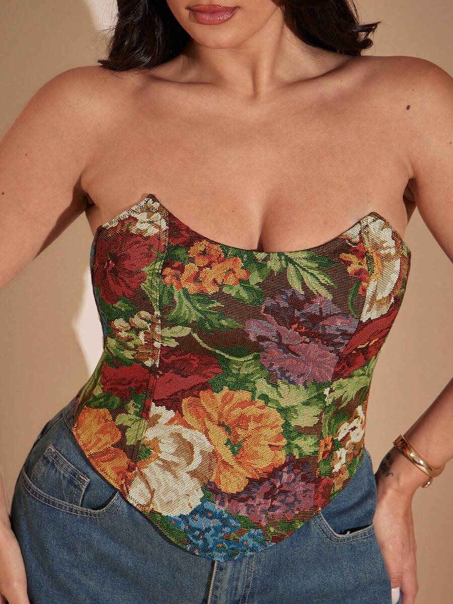 SHEIN BAE CURVE 大尺碼女款提花不對稱下擺抹胸上衣 - 黑色 - 查看 1
