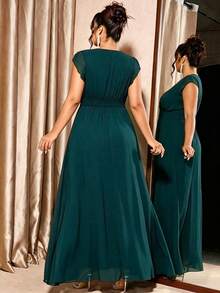 Elenzga Plus Size Women's Solid Color Pleated Evening Dress - Dark Green - View 2