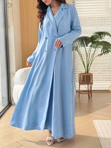 Yasveil Suit Peak Lapel Double-Breasted Long Sleeve Abaya And Elastic Waist Flared Skirt Set - Blue - View 9