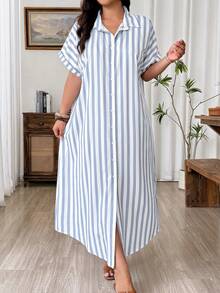 SHEIN LUNE CURVE 女款夏季條紋襯衫洋裝，寬鬆版型，肩袖設計，翻領，前開鈕扣，百搭長版襯衫洋裝 - 霧霾藍 - 查看 4