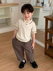 DAZY Infant/Toddler (Boy) Korean Style Striped Solid Color Short Sleeve Polo Collar Top - Beige - View 5