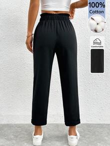 SHEIN PETITE 純色荷葉邊飾彈性腰短版褲，小碼女款 - 黑色 - 查看 7